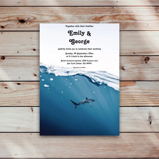 Navy Blue Underwater Shark Nautical Beach Wedding Invitation (Creator Uploaded)