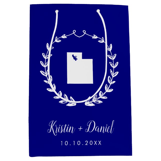 Navy Blue Utah Map Wedding Welcome Swag Medium Gift Bag (Front)