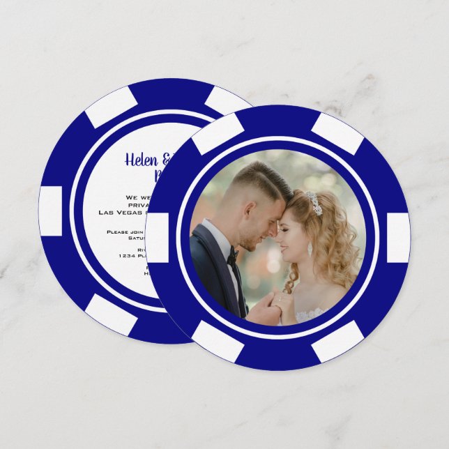 Navy Blue Vegas Poker Chip Wedding Elopement Party Invitation (Front/Back)