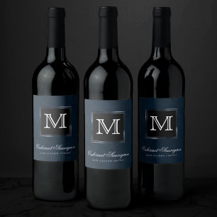 Navy Blue Velvet Faux Grunge Cement Monogram Wine Label
