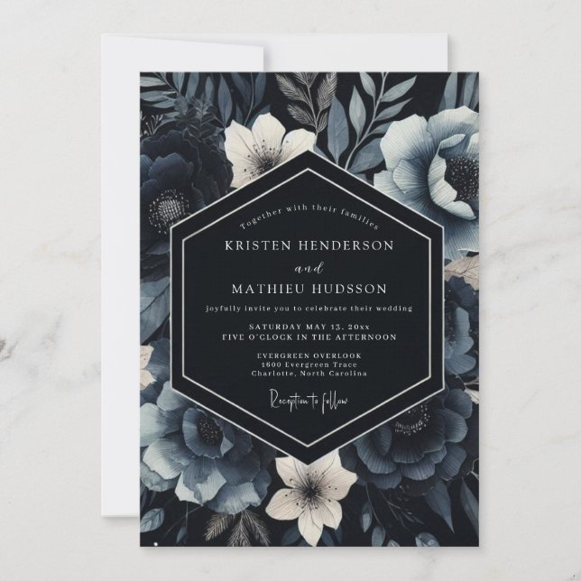 Navy Blue Velvety Winter Wedding Invitation (Front)