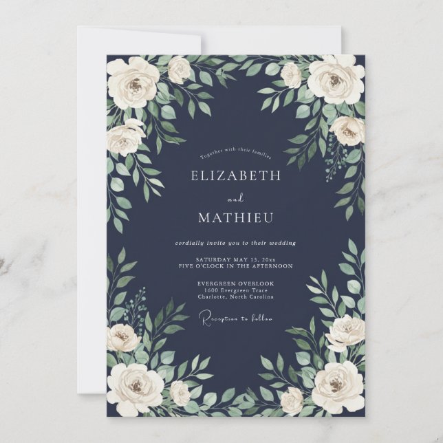 Navy Blue Verdant Botanical Wedding Invitation (Front)