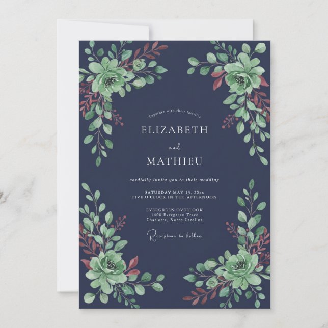 Navy Blue Verdant Winter Wedding Invitation (Front)