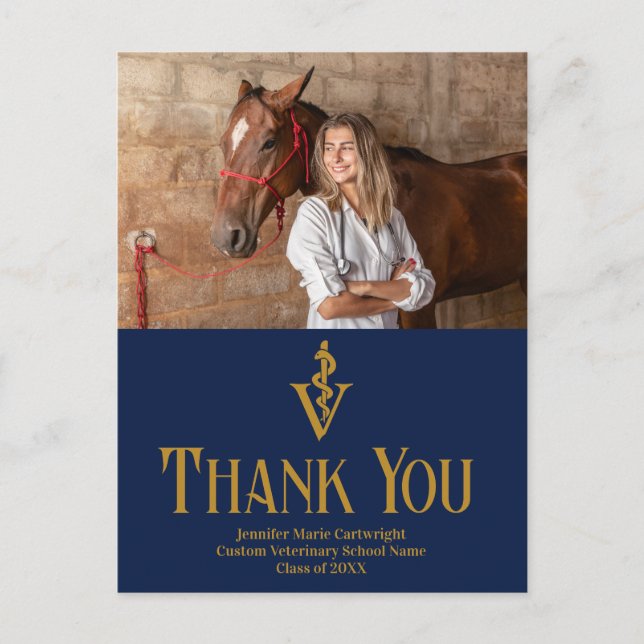 Navy Blue Veterinary School Graduation Thank You Postcard (Front)