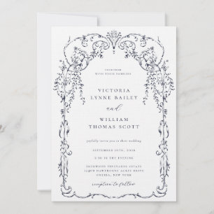 Navy Blue Victorian Frame Wedding Invitation