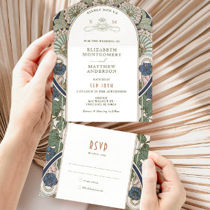 Navy Blue Vintage All in One Wedding Art Nouveau Invitation