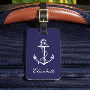 Navy Blue Vintage Anchor Custom Monogram Luggage Tag