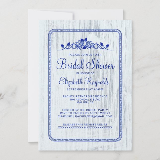 Navy Blue Vintage Barn Wood Bridal Shower Invites (Front)