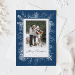 Navy Blue Vintage Botanical Frame Merry Christmas Holiday Card<br><div class="desc">Merry Christmas! Send Christmas greetings with this vintage-themed Christmas flat card. It features vintage line art of pinecones, pine needles and hollies with a navy blue background. Personalise by adding your photo, names, year and message. This vintage Christmas photo flat card is available in other colours. Matching items are available....</div>
