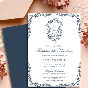 Navy Blue Vintage Crest Bridesmaids luncheon Invitation