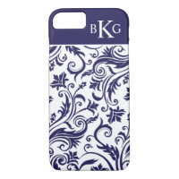 Navy Blue Vintage Damask Pattern Custom Monogram