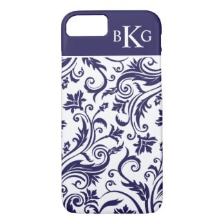 Navy Blue Vintage Damask Pattern Custom Monogram iPhone 8/7 Case