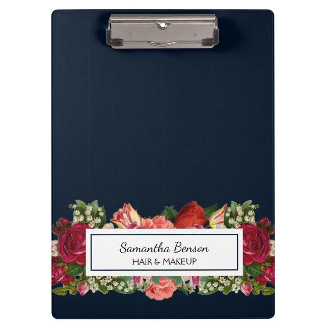 Navy Blue Vintage Floral Blush Clipboard (Front)