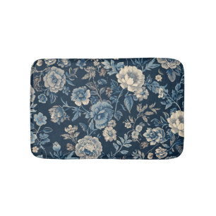 Navy Blue Vintage Floral Botanical Pattern Bath Mat