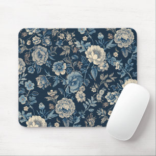 Navy Blue Vintage Floral Botanical Pattern Mouse Mat