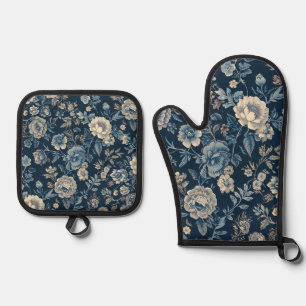 Navy Blue Vintage Floral Botanical Pattern Oven Mitt & Pot Holder Set