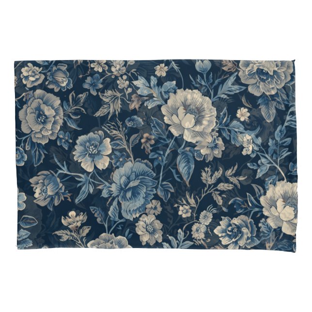Navy Blue Vintage Floral Botanical Pattern Pillowcase (Front)