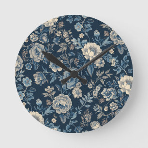 Navy Blue Vintage Floral Botanical Pattern Round Clock