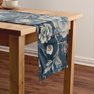 Navy Blue Vintage Floral Botanical Pattern Short Table Runner