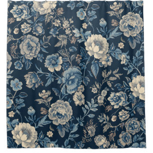 Navy Blue Vintage Floral Botanical Pattern Shower Curtain