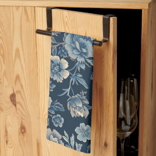 Navy Blue Vintage Floral Botanical Pattern Tea Towel