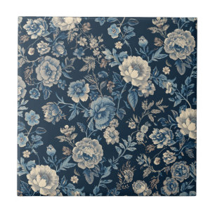 Navy Blue Vintage Floral Botanical Pattern Tile