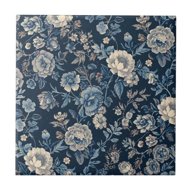 Navy Blue Vintage Floral Botanical Pattern Tile (Front)