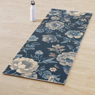 Navy Blue Vintage Floral Botanical Pattern Yoga Mat
