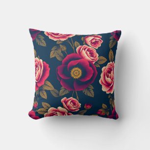 Navy Blue Vintage Floral Coral Roses Gold Leaves Cushion