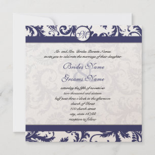Navy Blue Vintage Floral Damask Monogram Wedding Invitation