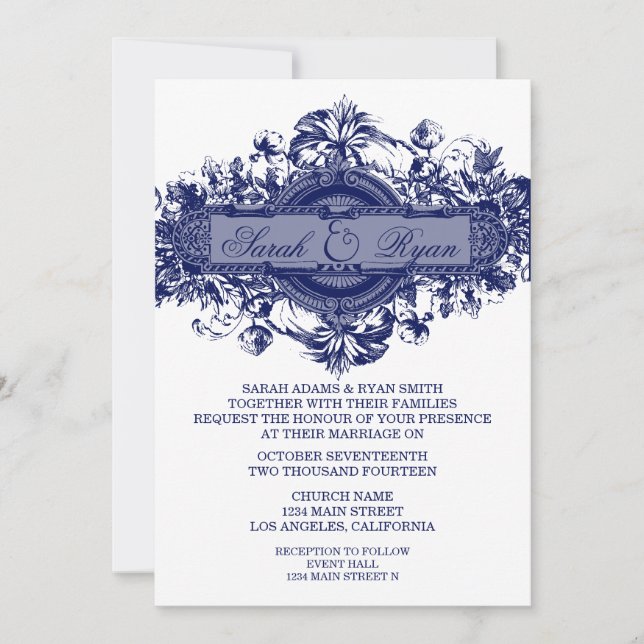 NAVY BLUE VINTAGE FLOWER WEDDING INVITATION (Front)