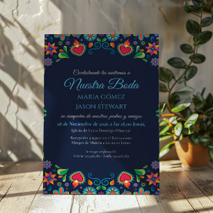 Navy Blue Vintage Folkloric Floral Spanish Wedding Invitation