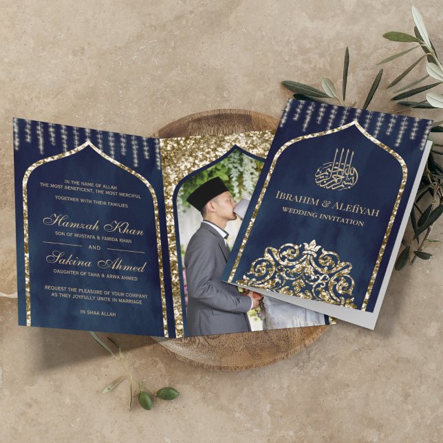 Navy Blue Vintage Gold Islamic Arch Wedding Invitation (Creator Uploaded)