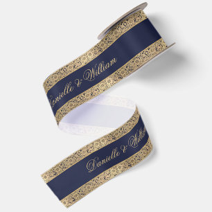 Navy Blue Vintage Gold Roses Calligraphy Wedding Satin Ribbon
