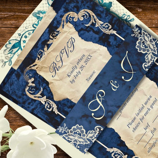Navy Blue Vintage Lace Elegant Romantic Wedding Invitation Belly Band