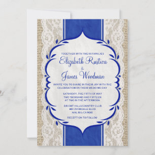 Navy Blue Vintage Linen Burlap Wedding Invitations