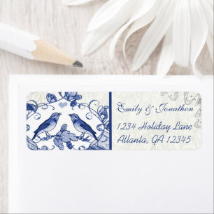 Navy Blue Vintage Love Birds Oak Tree Acorn Label