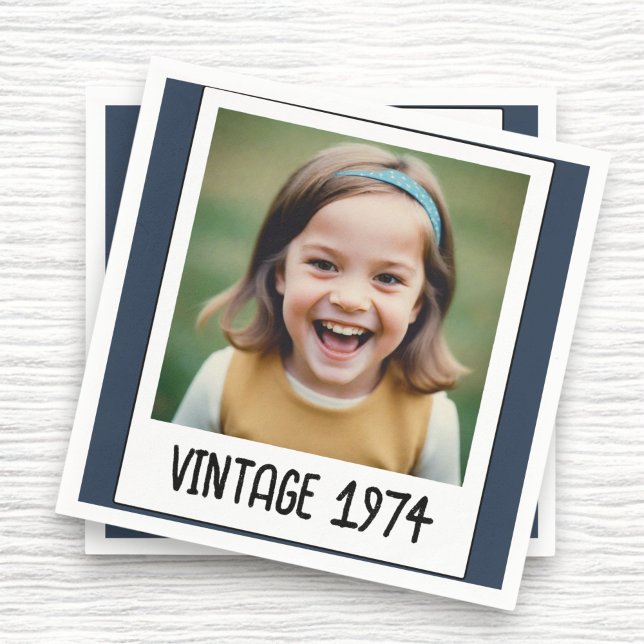 Navy Blue Vintage Milestone Birthday Photo Napkin (Creator Uploaded)