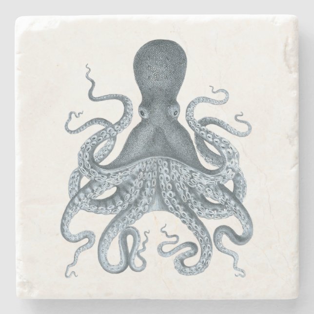 Navy Blue Vintage Octopus Illustration Stone Coaster (Front)
