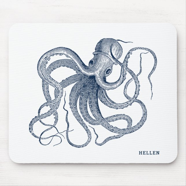 Navy-Blue Vintage Octopus Mouse Mat (Front)