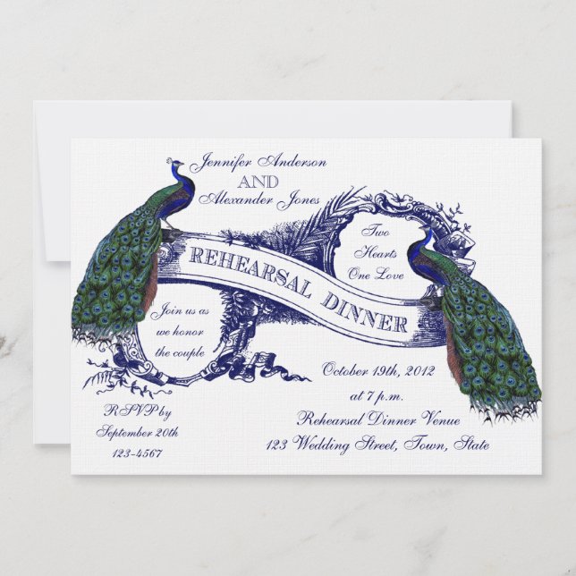 Navy Blue Vintage Peacocks Rehearsal Dinner Invitation (Front)
