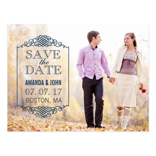 NAVY BLUE VINTAGE PHOTO SAVE THE DATE POSTCARD