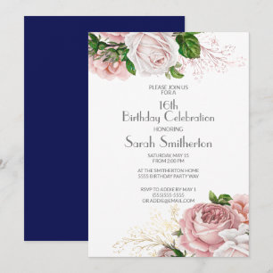 Navy Blue Vintage Pink Floral 16th Birthday Invitation