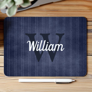 Navy Blue Vintage Pinstripe Retro Monogram Mouse Mat