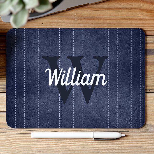 Navy Blue Vintage Pinstripe Retro Monogram Mouse Mat (Creator Uploaded)