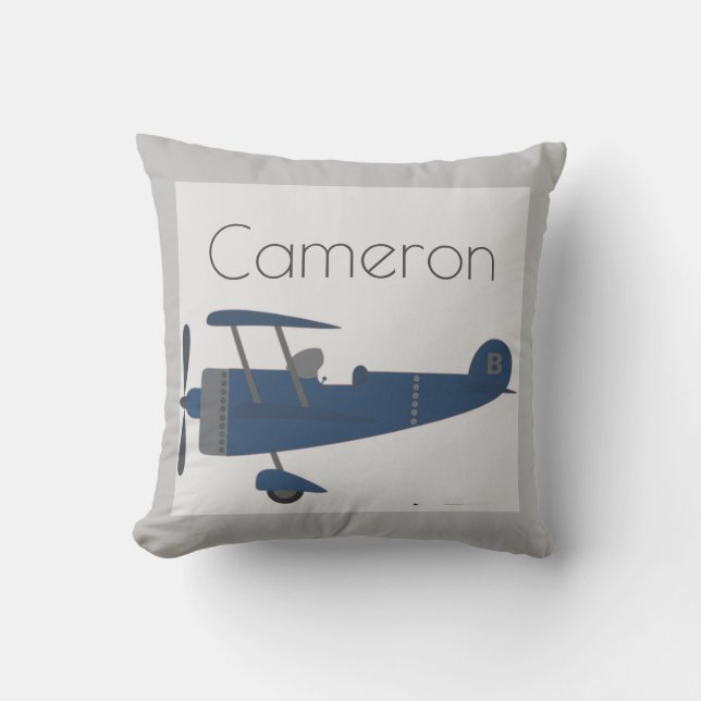 Navy Blue Vintage Plane Boy's Custom Name Cushion (Front)