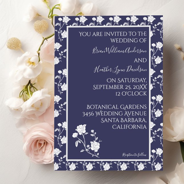 Navy Blue Vintage Rose Wedding Invitation (Navy Blue Rose Wedding Invitation)