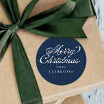 Navy Blue Vintage Script Modern Merry Christmas Classic Round Sticker<br><div class="desc">Navy Blue Vintage Script Modern Merry Christmas Classic Round Sticker is the perfect addition to your Christmas gifts this year,  with vintage styled script and your name.</div>