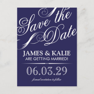 Navy Blue Vintage Script Save the Date Announcement Postcard