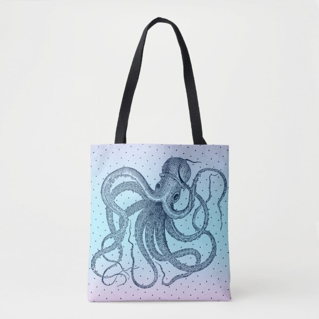 Navy-blue Vintage Steampunk Octopi Illustration Tote Bag (Front)